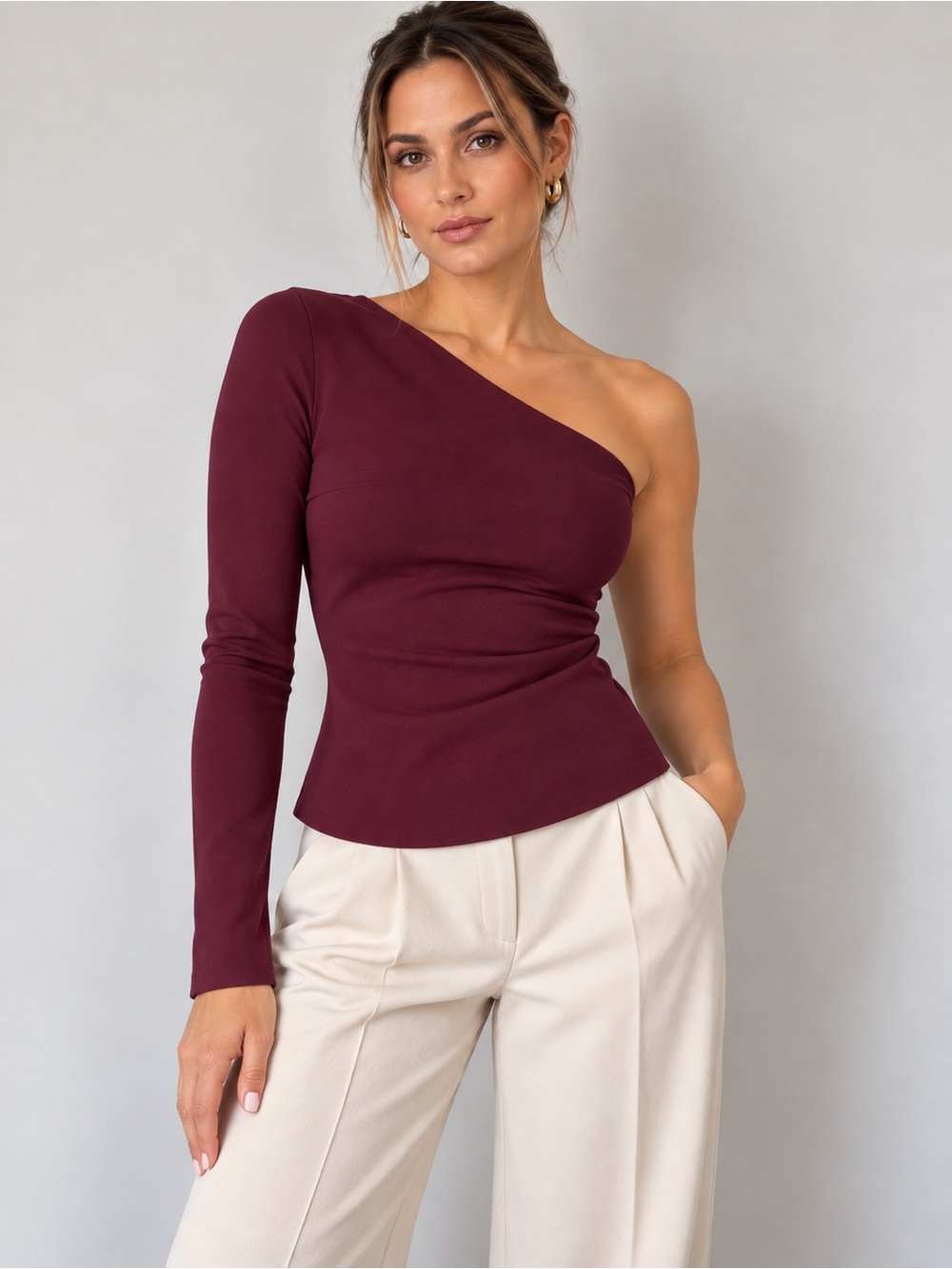 💎 ZARA Burgundy One Shoulder Structured Top Size Large